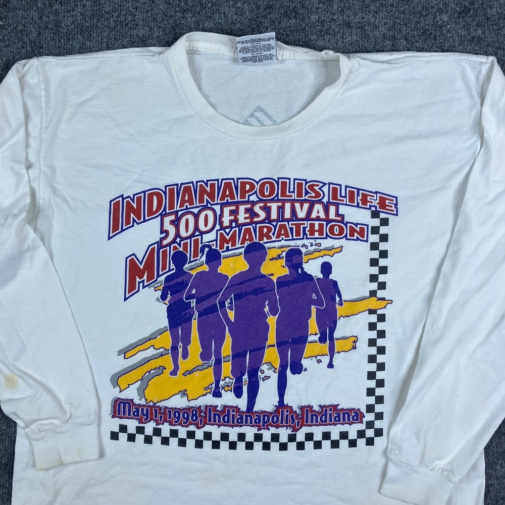 Logo Athletic LS T-Shirt Mens Large White 1998 Indy Mini Marathon Race Graphic